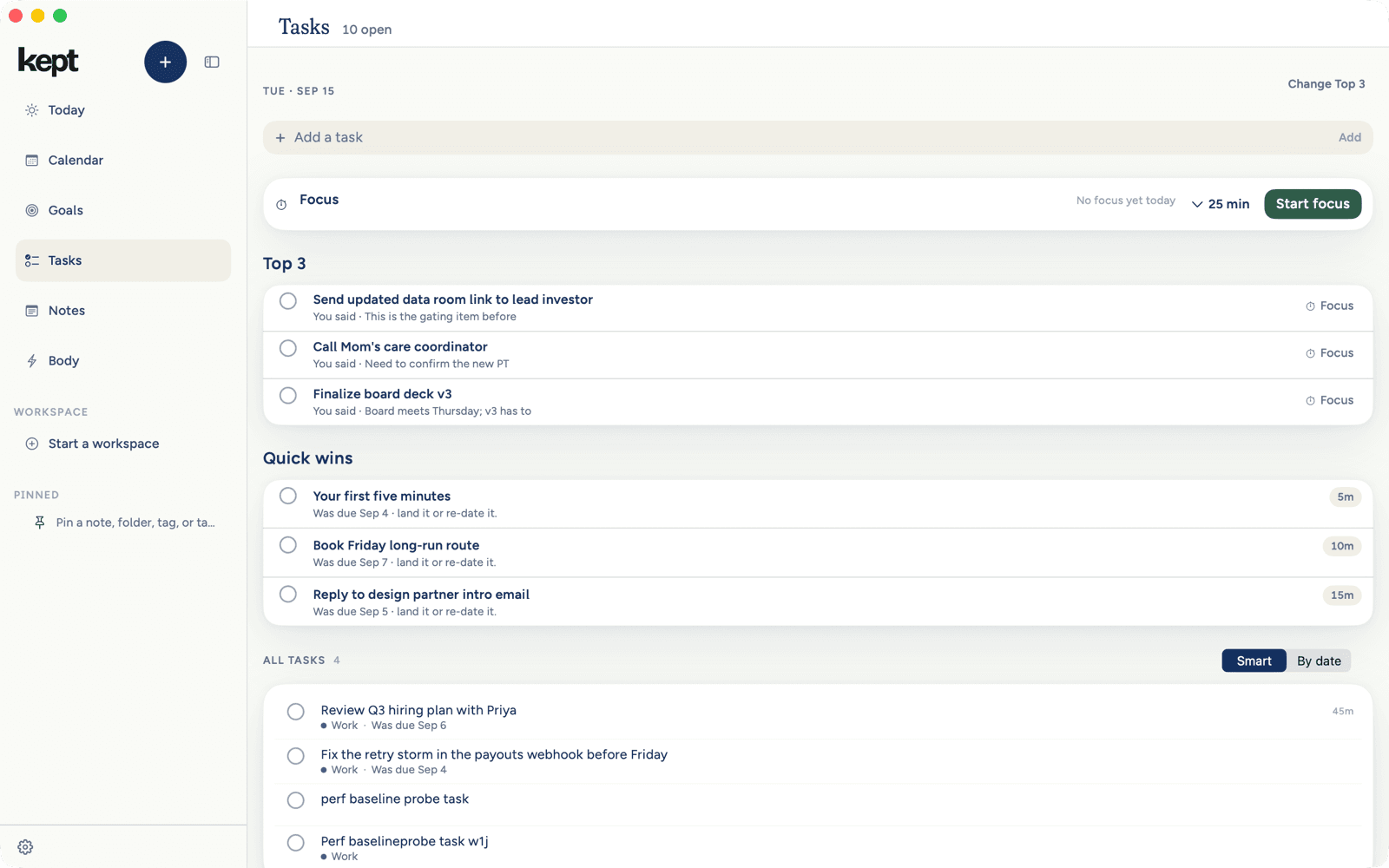 Tasks in Kept for Mac: an Add a task field, a Focus card with Start focus, then Top 3 and Quick wins.