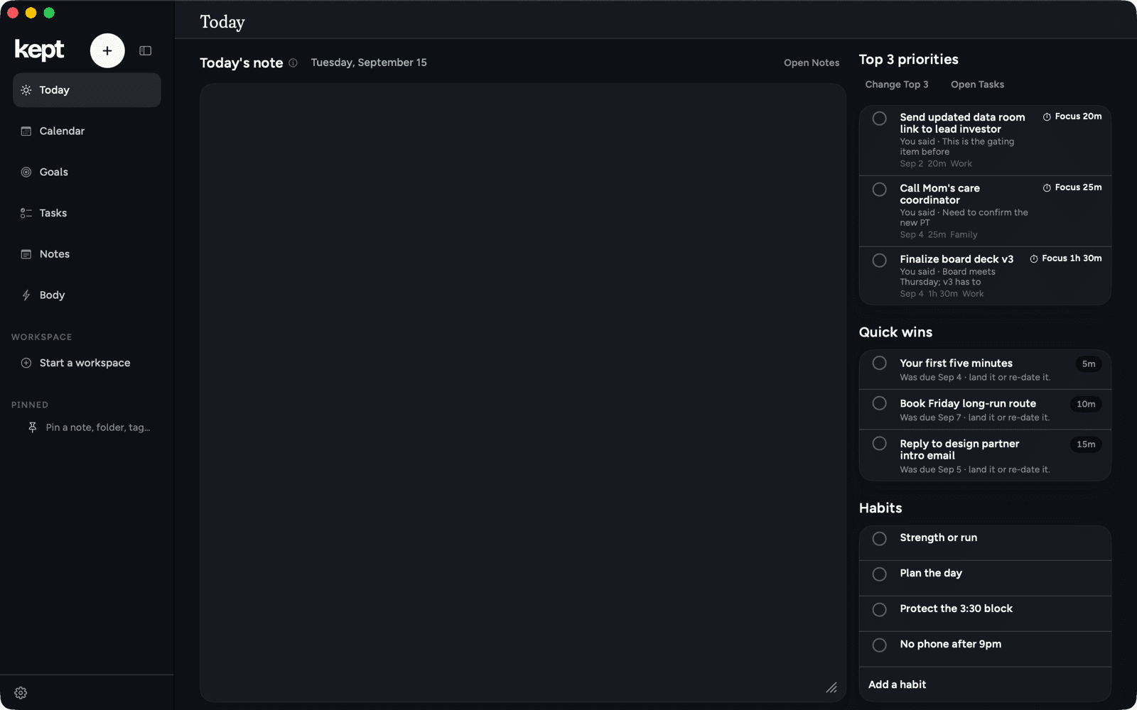 Today in Kept for Mac in dark mode.