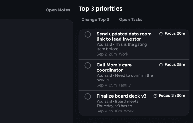 Top 3 priorities in the Today rail in Kept for Mac, in dark mode.