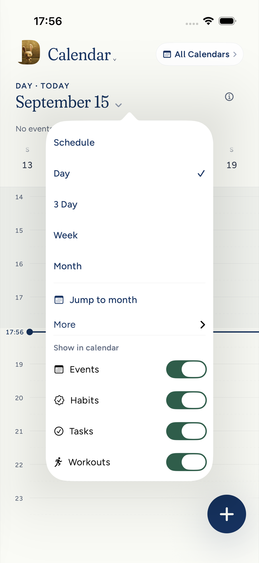 The calendar view menu on iPhone