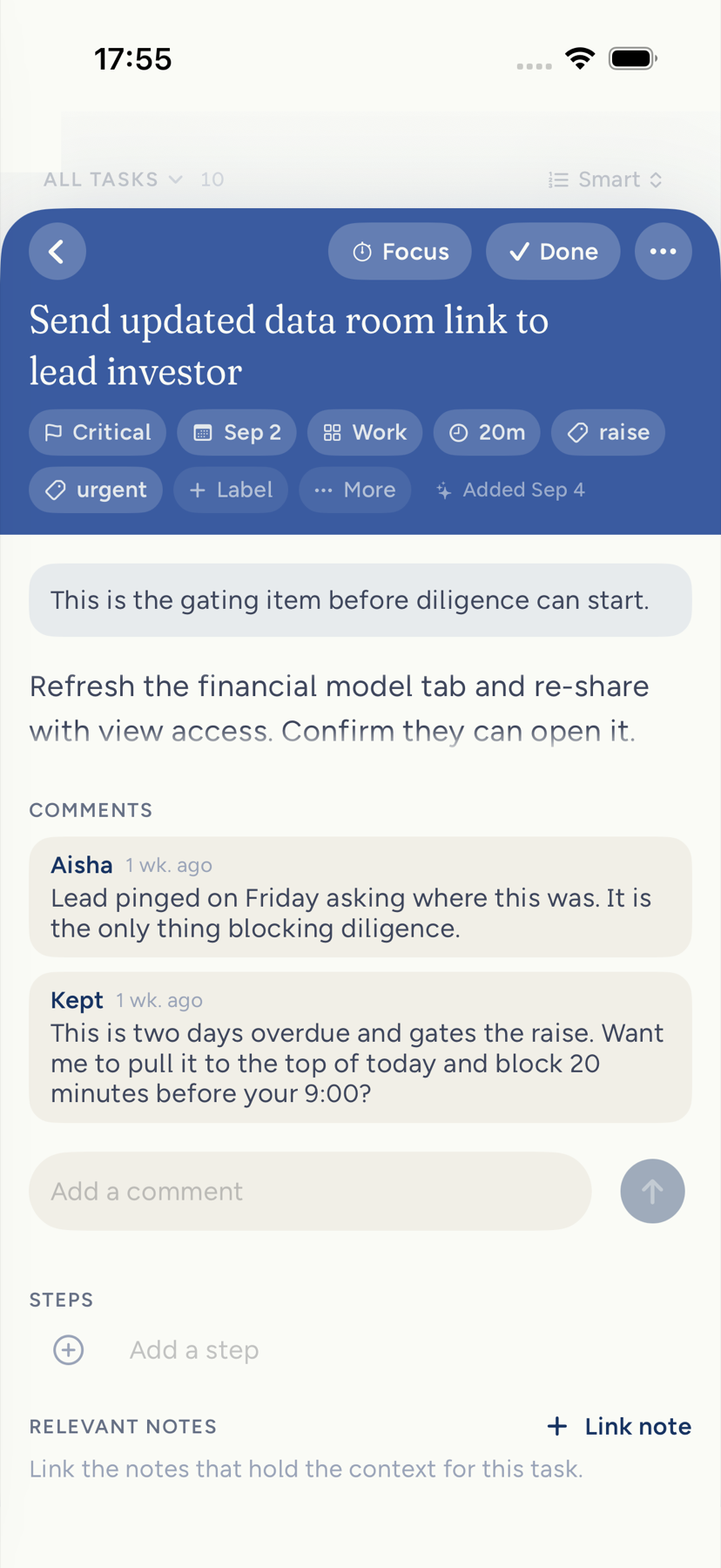 A task opened on iPhone