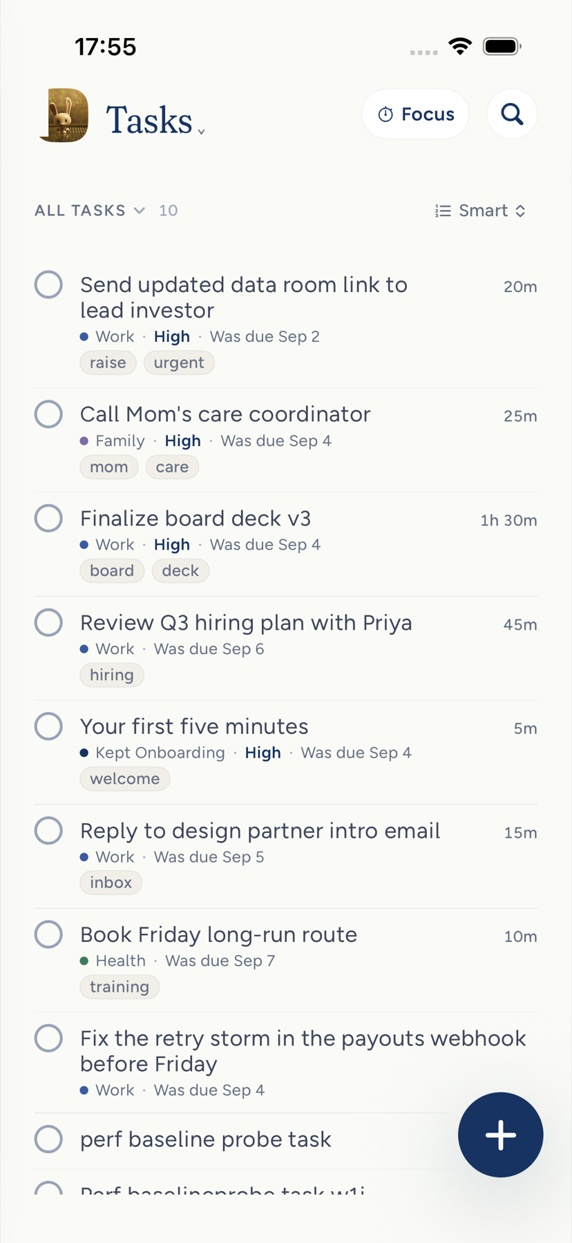 The Tasks list on iPhone