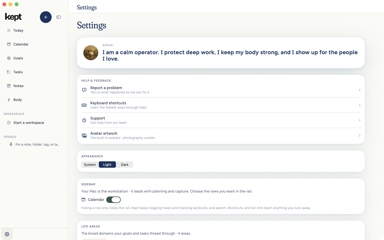 Settings in Kept for Mac