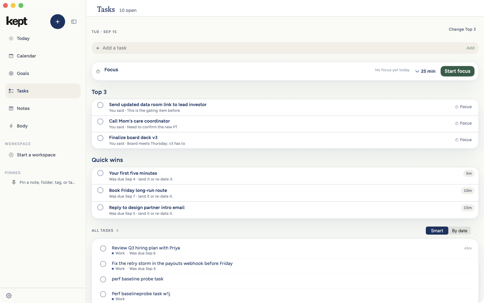 Tasks in Kept for Mac